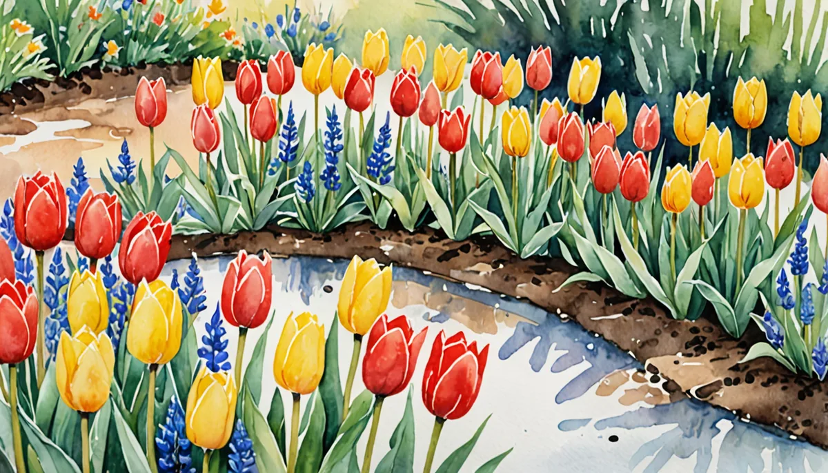 赤と黄のチューリップ、青いムスカリの穂が咲きそろった春の花壇の水彩イラスト