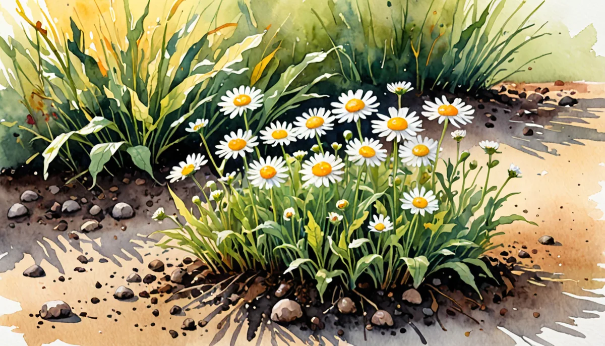 秋の畑の黒土に白いカモミールの花が群れて咲いている水彩イラスト