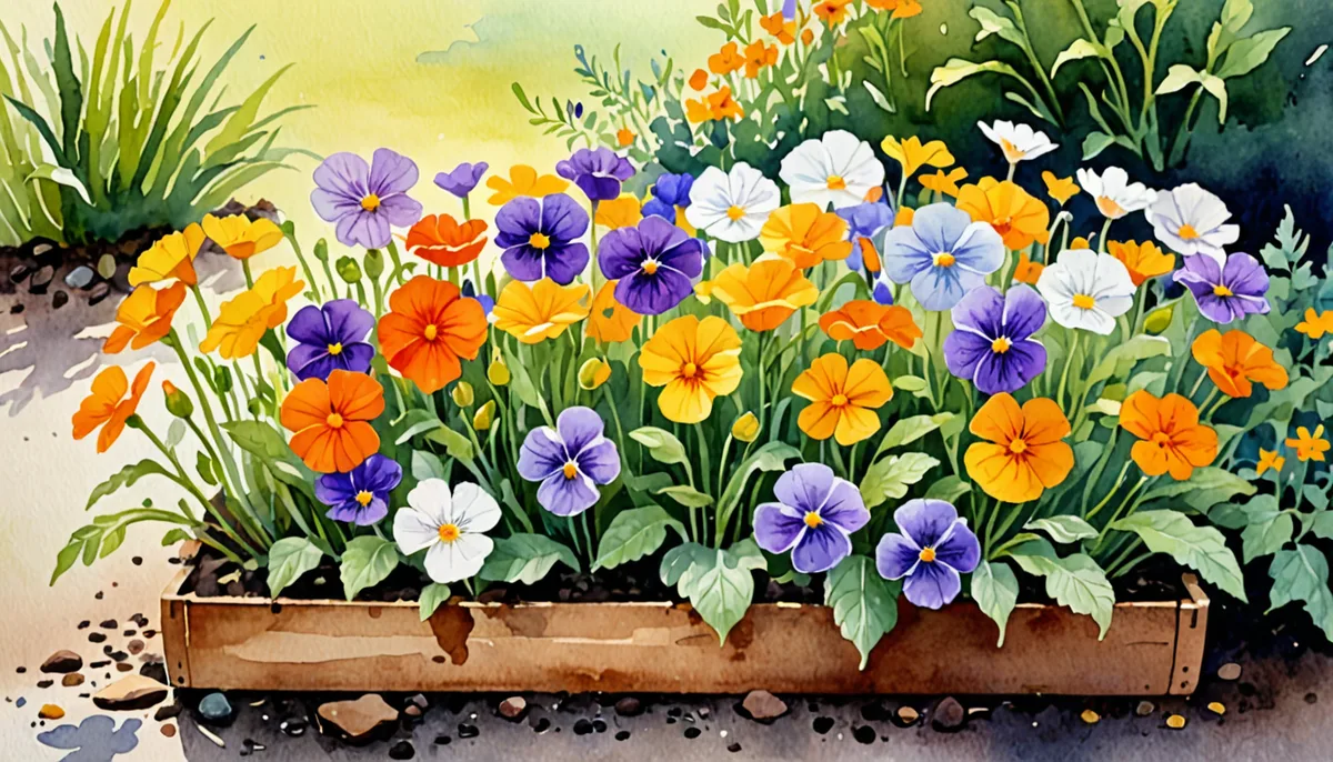 木枠の花壇に紫のパンジー、白い花、オレンジと黄の花が咲いている水彩イラスト